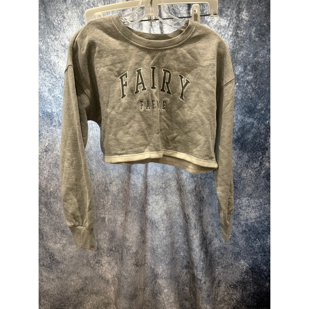 Forever‎ 21 Fairy Faerie Graphic Cropped Sweatshirt Gray Medium Long Sleeve